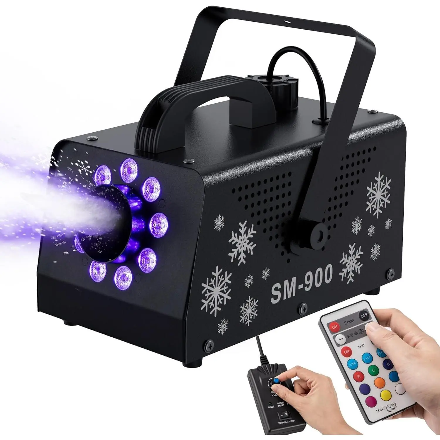 900W High Output Snow Machine with 9 LED Lights & Remote - Indoor/Outdoor Artificial Snow Maker for Christmas, Parties, Parades - Heavy Duty Snowflake Machine