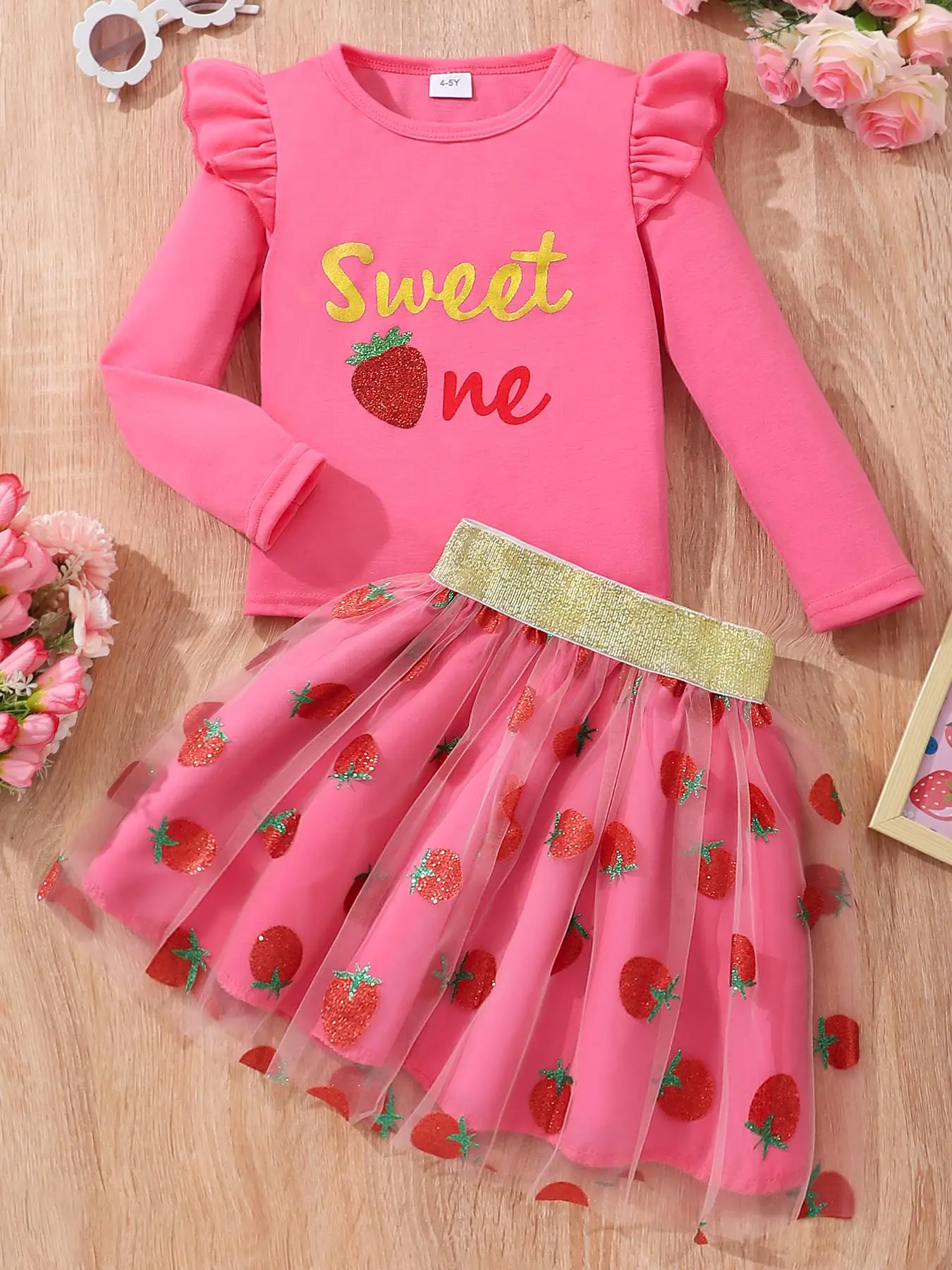 Two-Piece Set Girl's Strawberry Print Ruffle Trim Tee & Mesh Overlay Skirt, Cute Round Neck Long Sleeve Top & Glitter Tape A-Line Skirt, Kids Clothes