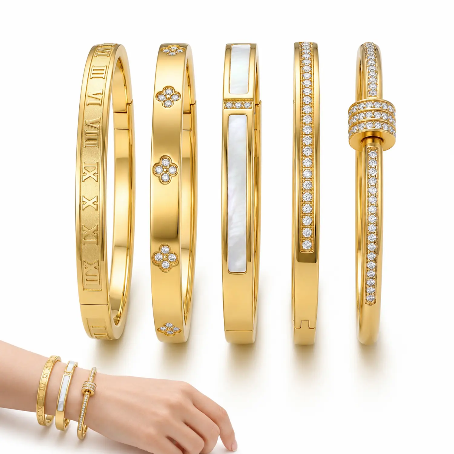 5-Piece Waterproof Titanium Steel Bracelet Set, Rhinestone Star Design, Plated, Versatile Style, Unisex Jewelry, Stackable Bracelets Matching Bracelets Fashionable Bracelet Style