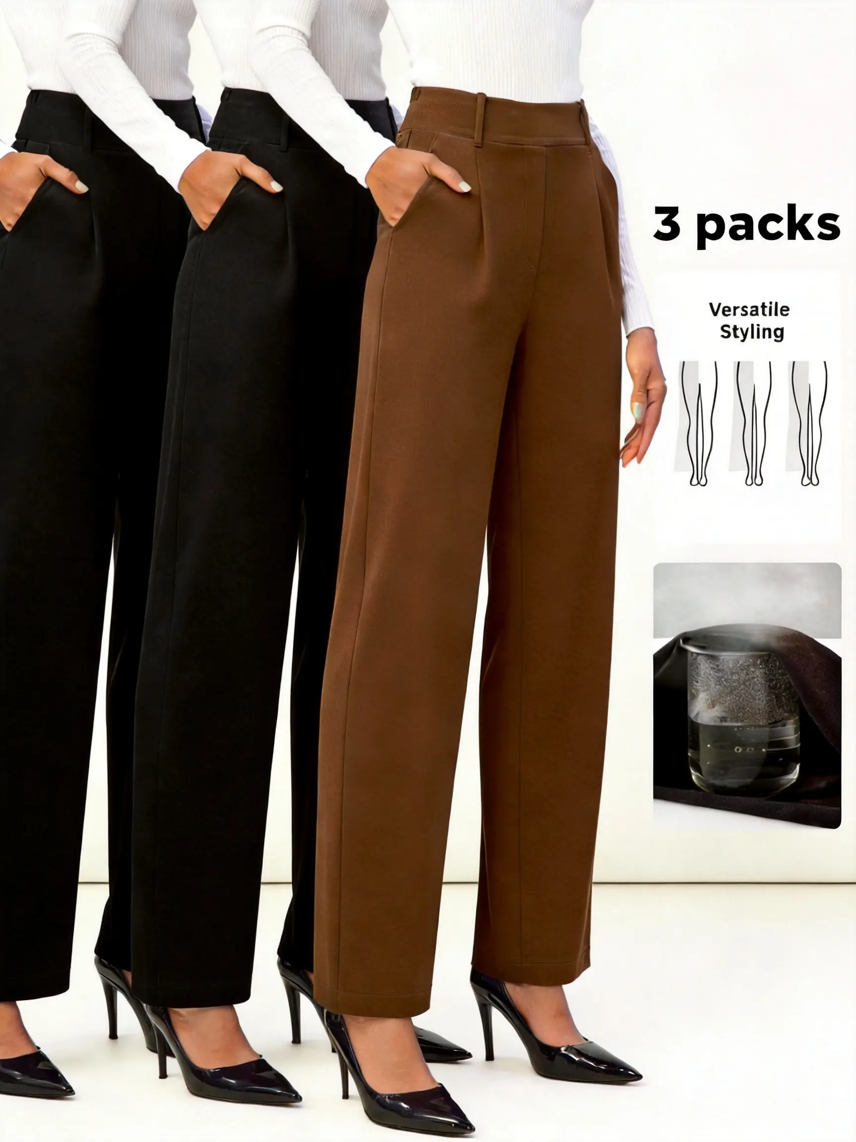 3 Packs NunuFlex Women's Chic High Waist Wide Leg Dress Pants, Stretchy Pull-On with Pockets for Business Casual Office, Effortless Pants, Chic Curve Pants