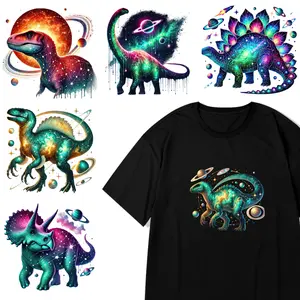 6 Pcs Space Dinosaur Iron on Transfers Easy to heat press decals DTF Transfers Ready Iron on Decals for T Shirts Washable heat transfers for Clothing T-Shirt Jeans Applications casual style. side eyes