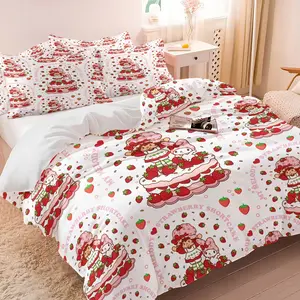 Strawberry Cake Cute Cartoon Duvet Cover Set, 1 Decorative Duvet Cover + 1/2 Pillowcases, Ultra-Soft Microfiber Kawaii Fruit & Bunny Print Bedding for Kids Girls Bedroom Dorm Decor