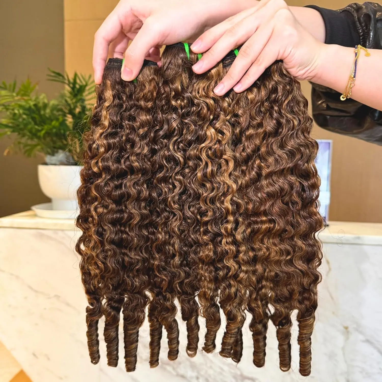 ALHER P4/27 Burmese Curly Bundles Human Hair 22 24 26 Inch, 15A Honey Blonde Highlight Colored 3 Bundles 3c4a Water Wave with Spiral Curly End, 100% Unprocessed Raw Hair Thick Ombre Weave for Women