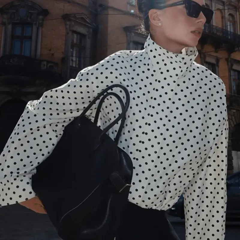 Women's Polka Dot Cropped Street Casual Bomber Jacket, Long Sleeve Zip-Up Windbreaker Short Trench Coat Outerwear for Demi-Season Outdoor Wear, Casual Lapel Jacket