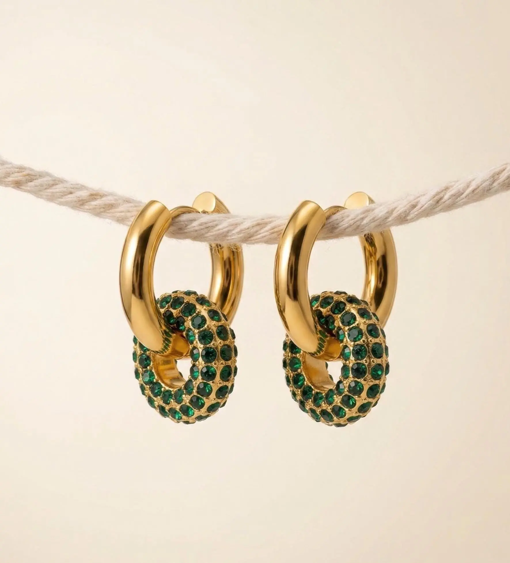 Crystal Pavé Earrings with Emerald Green Donut Charm, Gold-Plated Huggie Hoops, Hypoallergenic Non-Tarnish Jewelry for Women, Ear Stacking, Lightweight, Emerald Earrings