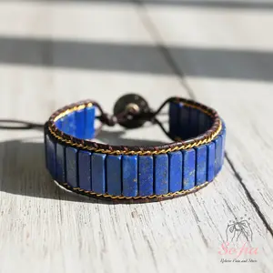 Sofia Blue Lapis Stone Tube Bracelet Lapis Lazuli Gemstone Braided Boho Style Adjustable for Daily Use High Quality Gift for Him Her