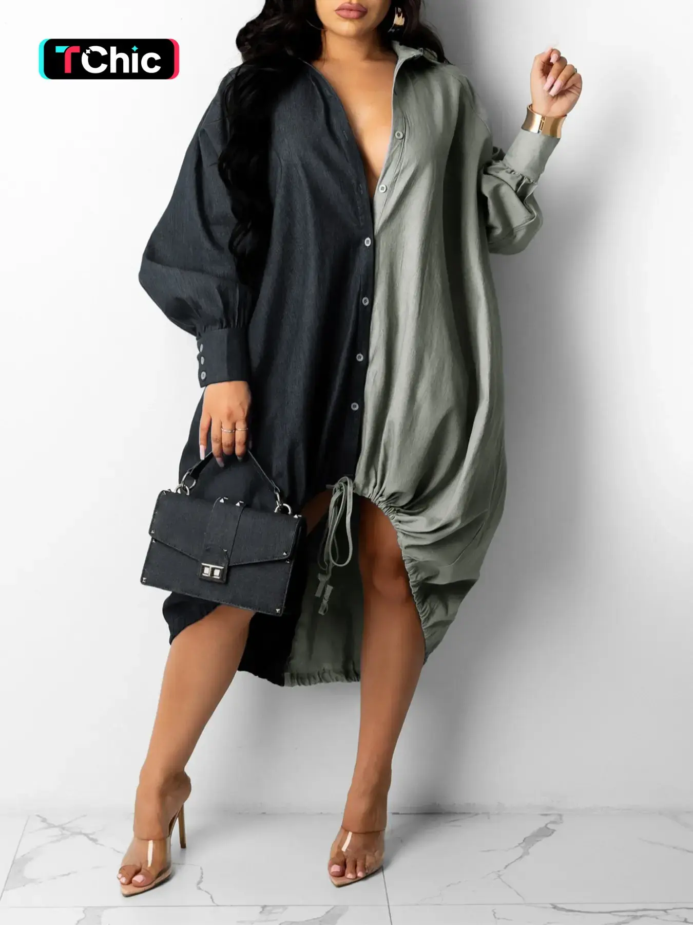 Women's Color-Block Adjustable Drawstring-Hem Dress, Casual Button-Front Long-Sleeve Dress for Spring and Fall, Women's Clothing for Daily Wear