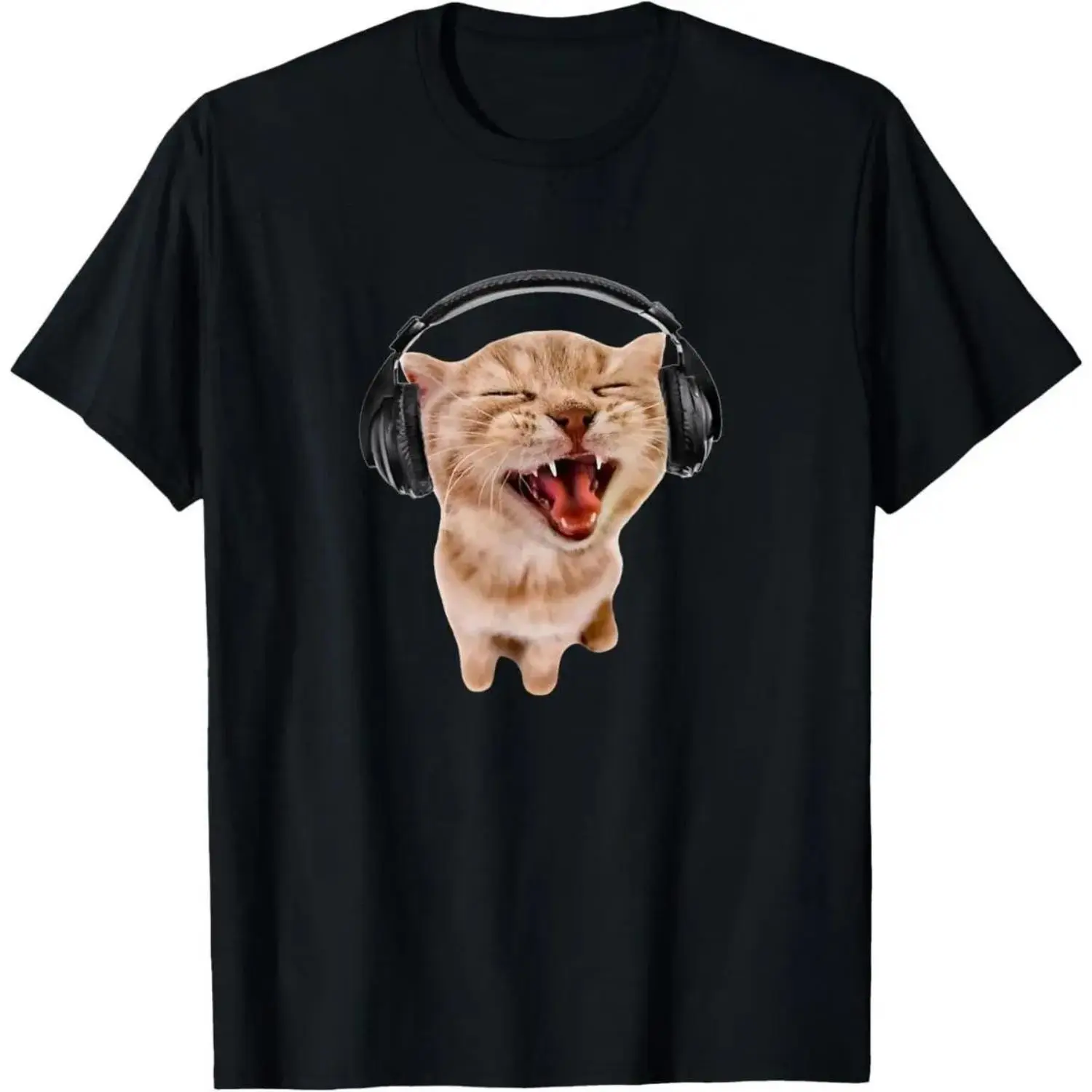 100% cotton Men Women T-shirts Silly Cat With Headphones T-Shirt