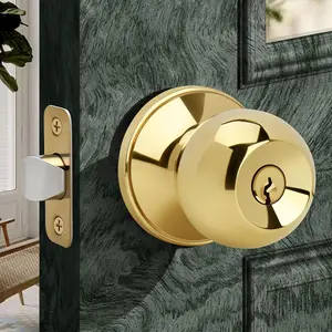Keyed Entry Door Knob with Lock and Key, Interior and Exterior Locking Round Ball Knob for Front Door or Bedroom, Polished Brass