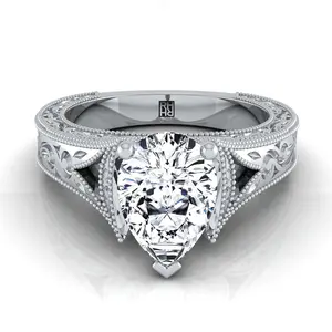 The Janis Vintage Solitaire Engagement Ring Setting for Pear Diamonds in Platinum