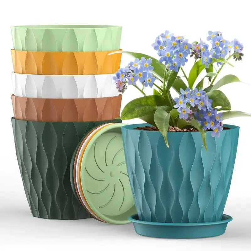 Ripple Pattern Plastic Planter, 6 Counts/set Flower Pot with Drainage Hole, Indoor & Outdoor Succulent Pot for Home Garden Decoration Garden Planters, Planter Pots