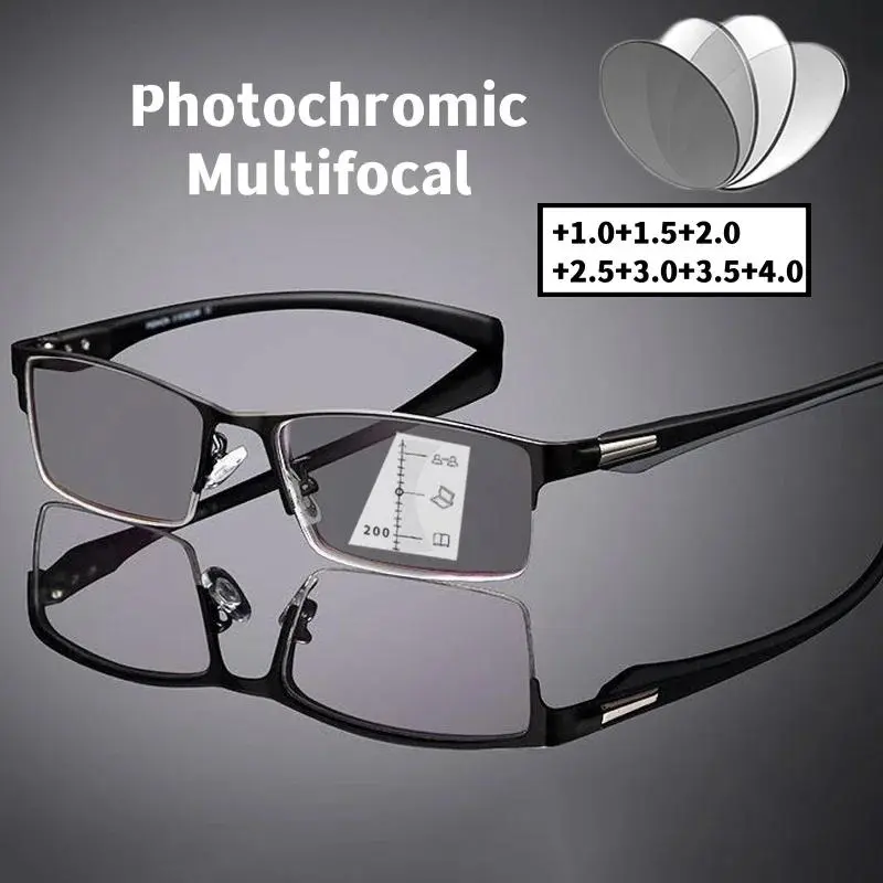 Trendy Vintage Reading Eyeglasses for Adults, Progressive Photochromic High Quality Eyewear for Casual Near-Far Vision, +1.0 to +4.0, Vision Correction, Presbyopia, Multi-Focal, Stainless Steel, Near-Far Vision Correction