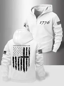 Men's Fashion Hooded Long Sleeve Sweatshirt with Zipper, Patriotic 1776 Flag Design, Casual Outdoor Fall Winter Clothes, Fitted Style, Casual Streetwear Hoodie, Hooded Top