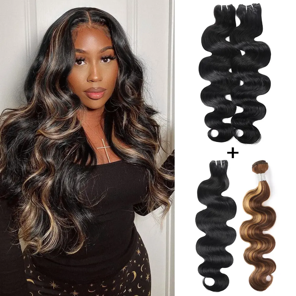 ISHOW P1B/4/27 Highlight Human Hair Style P4/27 Color 15A Body Wave Skunk Stripe Brazilian Human Hair Extension 30 Inch Long Quicky Weave Sew In For Black Women Natural Black Body Wave Hair Bundles