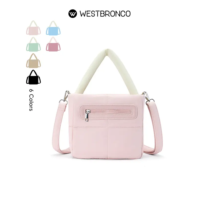 WESTBRONCO Women's Basic Foldable Lightweight Nylon Waterproof Puffer Crossbody Bag - Portable Shoulder Bag with Adjustable Crossbody Strap, Hands-Free Athletic Casual Everyday Commuter Option