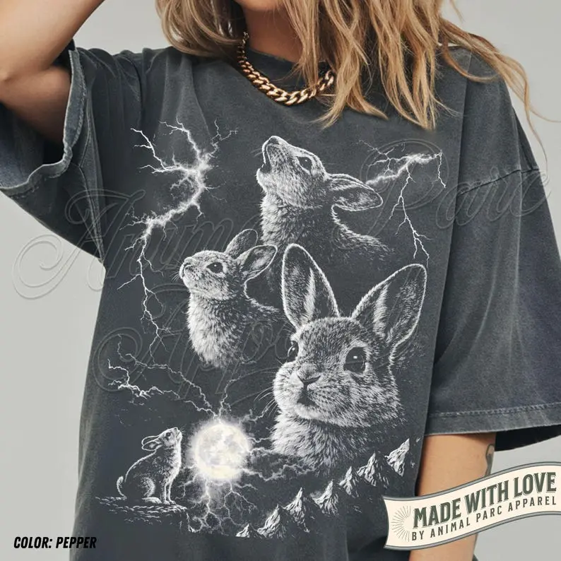 Comfort Colors Retro Bunny Howling To The Moon Vintage T-shirt, Silly Rabbit Tee Easter Gift, 90s Full Moon Easter Bunny Tshirt Dark Gothic Animal Tee