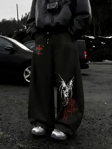 Men's Loose Drawstring Elastic Waist Sweatpants - Black Skull and Cross Print Dark Gothic Street Style Wide-Leg Joggers Casual Streetwear Pants