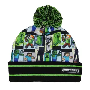 Minecraft Sublimated Character Graphic Kid's Novelty Knit Cuff Pom Pom Beanie Winter Hat Cold Weather OSFM Boy's Girl's