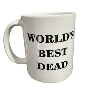 World's Best Dead Coffee Mug - White Ceramic Cup with Bold Text for Daily Use