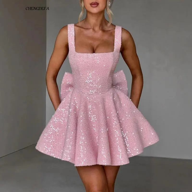 NEW(New) CHENGDEFA Women's Strapless Sleeveless A-line Pink Gold Sequins Bowknot Gamis - Glamorous, Chic Trendy Dress, Going Out Outfit, Casual Wear for 2 Occasions (Summer-Autumn Sports & Outdoor Style Clothing), Outdoor Clothing