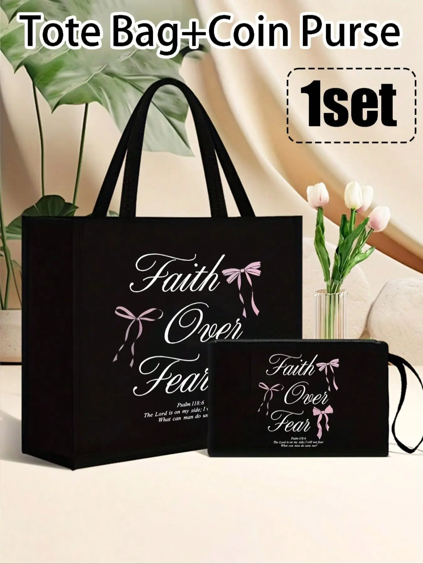Women's fashion pink bow letter print handbag, Elegant fashion handbag, with handheld zipper pouch, Christian-themed handbag and makeup bag set, printed with 'Faith Overcomes Fear' and 'The Lord is with me, I will not fear'