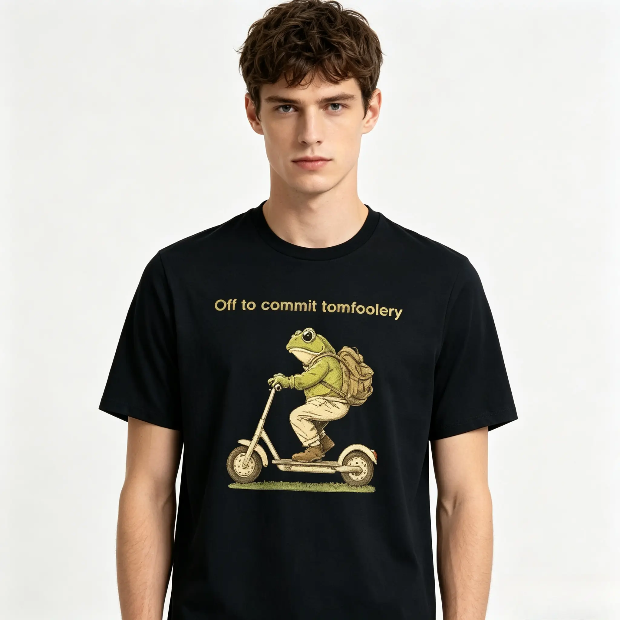 Vintage Frog Riding Scooter Funny Slogan Off to commit tomfoolery Print Unisex Crew Neck Short Sleeve T-Shirt Retro Forest Style Daily Top Pure Cotton Oversized Graphic Tee Summer Wear Streetwear Couple Outfit Breathable Pre-Shrunk Fabric Versatile Gift R