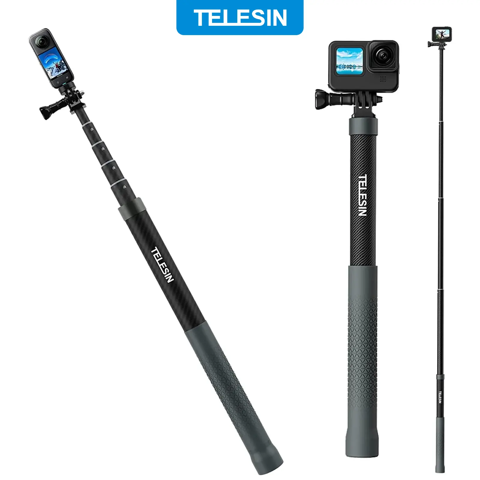 TELESIN Carbon Fiber Invisible Selfie Stick Extension Pole 1.2m / 3m for 360 Camera, Insta360 X5/X4/X3/ACE/GO 3, GoPro Hero 13/12/11/10/9/8, DJI Osmo Action 5/4/3 Pocket 3, Akaso, Xtra – Waterproof for Travel, Outdoor, Cycling, Vlog