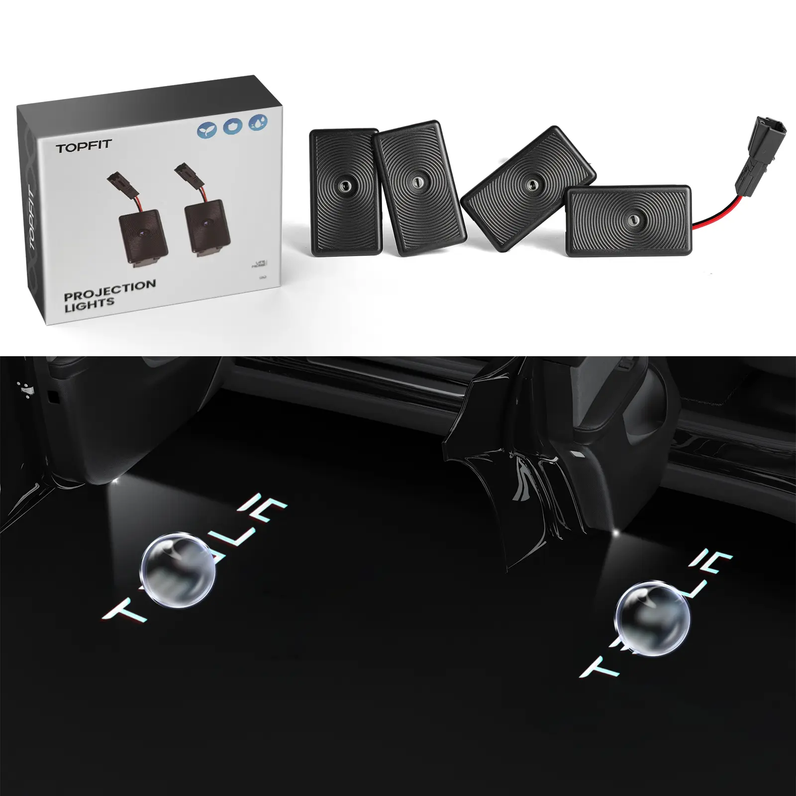 TOPFIT 4K Tesla Logo Puddle Lights, LED Door Projector Lights, OEM Look, Crisp Logo Projection, Fits All Tesla Model 3 & Model Y, Also Fits Select Model S/X,tesla accessories