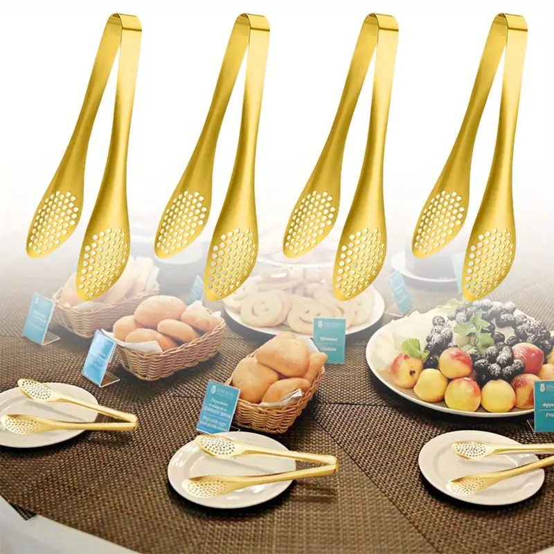 4pcs 9 Inch Gold Buffet Tongs , Stainless Steel Food Serving Utensils Tong for Cooking, Salad, Barbecue, Toast, for Salad Buffet Appetizer Dessert Tong for Food Parties