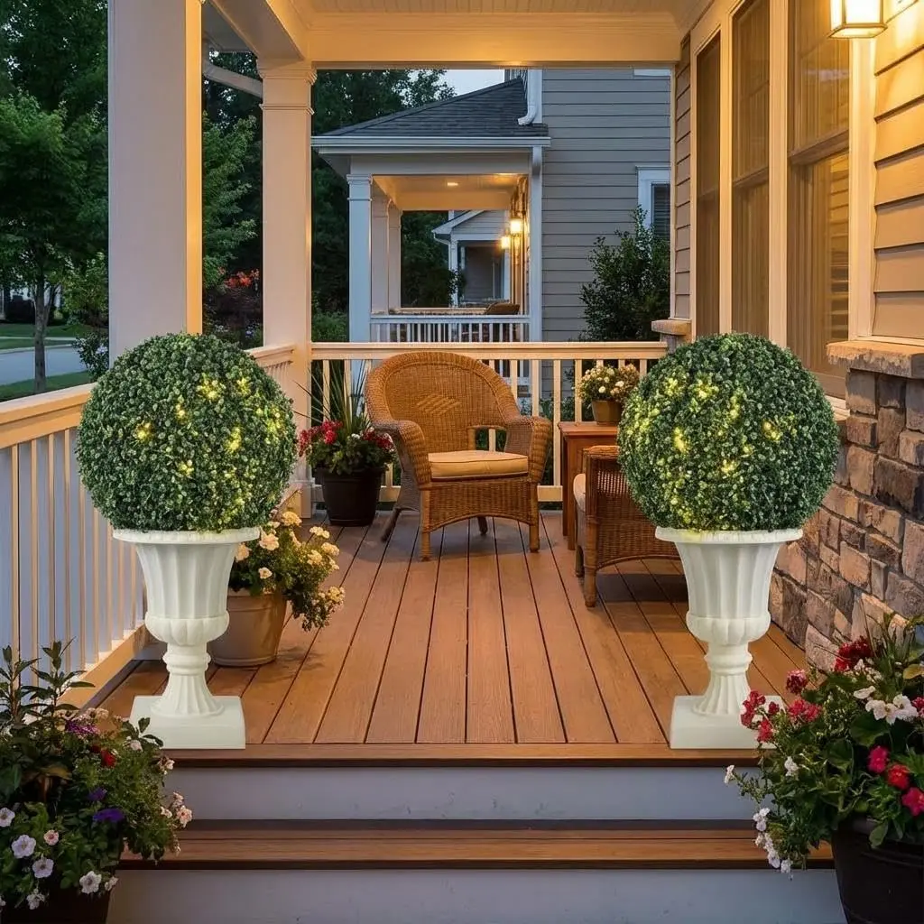25" Pre-Lit Topiary Trees Outdoor 2 Pack, 16" Faux Boxwood Ball with Lights, Fake Topiary Trees for Outdoors in Clear Urn Planter, Front Porch Decor Outdoor & Patio Plants