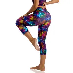 UIUO-UIPEU Pattern Printed Mid Waist Tummy Control Yoga Pants Plus Size Capri Leggings For Women With Pockets Butt Lifting Workout Yoga Pants Rainbow Galaxy Nebula Women's Tummy