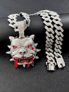 Hiphop Street Full Diamond Bull Dog Pendant Cuban Link Chain Set, Cool Personal Style Necklaces, Men's Water Drill Cross Roman Necklace