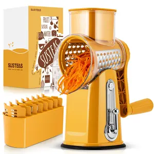 SUSTEAS Yellow Rotary Vegetable Slicer – 5 BPA-Free Stainless Steel Blades, Easy-Grip Handle & Dishwasher Safe for Effortless Prep Ergonomic Grater with Suction Base