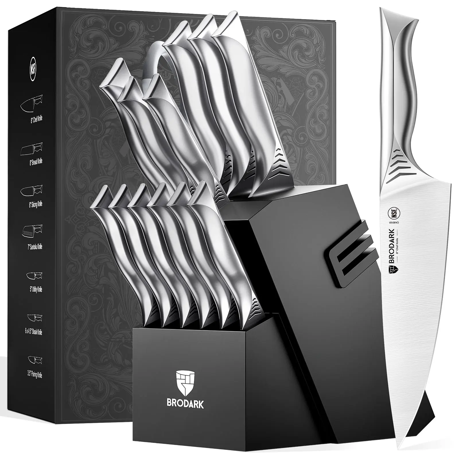 BRODARK Shark Series 15PCS Kitchen Knife Set with Block, Dishwasher Safe Knives Set for Kitchen NSF Certified German Stainless Steel Kitchen cooking Knives Built-in Sharpener High Carbon Professional Chef Knife Steak meat boning gifts for men Outdoorfun,