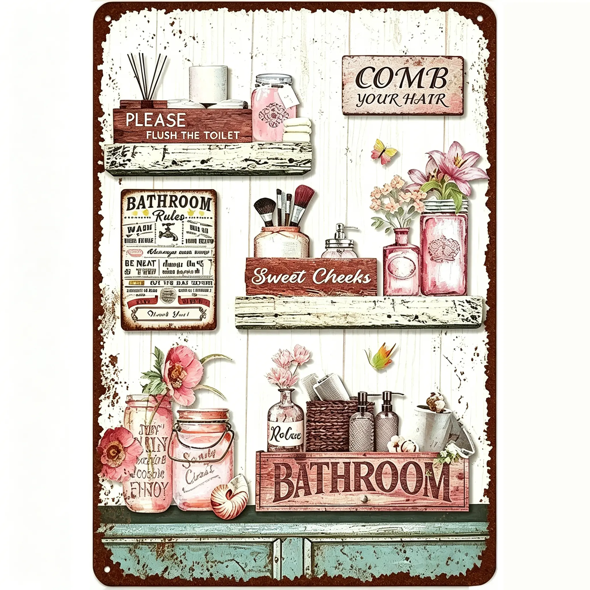Rustic Vintage Bathroom Rules Metal Tin Sign Pink Floral Jar Sweet Cheeks Farmhouse Bathroom Wall Art Decor Shabby Chic White Wood Grain Bathroom Rules Metal Tin Sign Pink Flower Jar Vintage Bath Wall Plaque