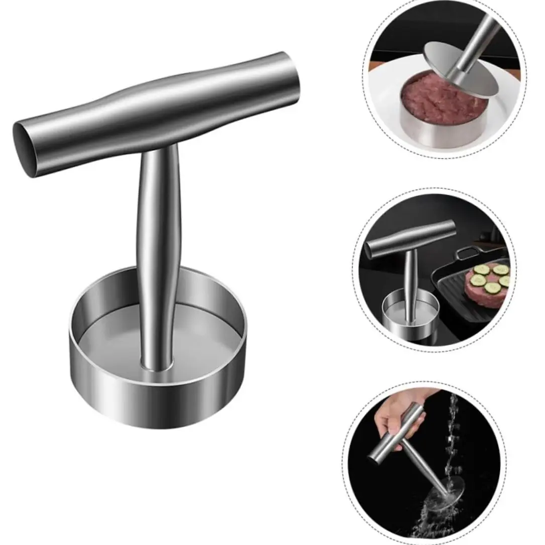 Stainless Steel Silver Solid Burger Press - Non-Stick Meat Patty Maker Mold, Easy-to-Use Griddle Hamburger Smasher, Uniform Patties Tool, Durable Rust-Proof, Dishwasher Safe Kitchen Cooking Accessories for BBQ, Grilling, Fast Burger Prep