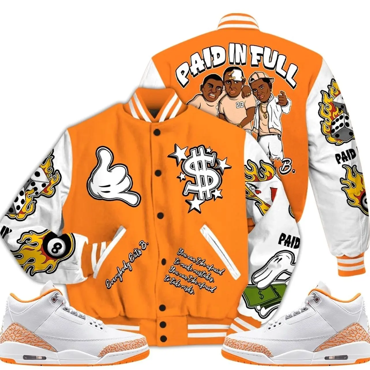 3 White Orange Peel Varsity Jacket, Orange Citrus 3s Outfit Money Paid In Full Shirts To Match Sneaker Streetwear