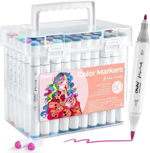 Ohuhu Markers: Brush & Fine Tip - 60 Colors - Paper-friendly No Peeling Water-based Dual Tips - Coloring Markers for Adult Coloring Books No Bleeding Drawing Pens for Kids Adults Beginner Calligraphy