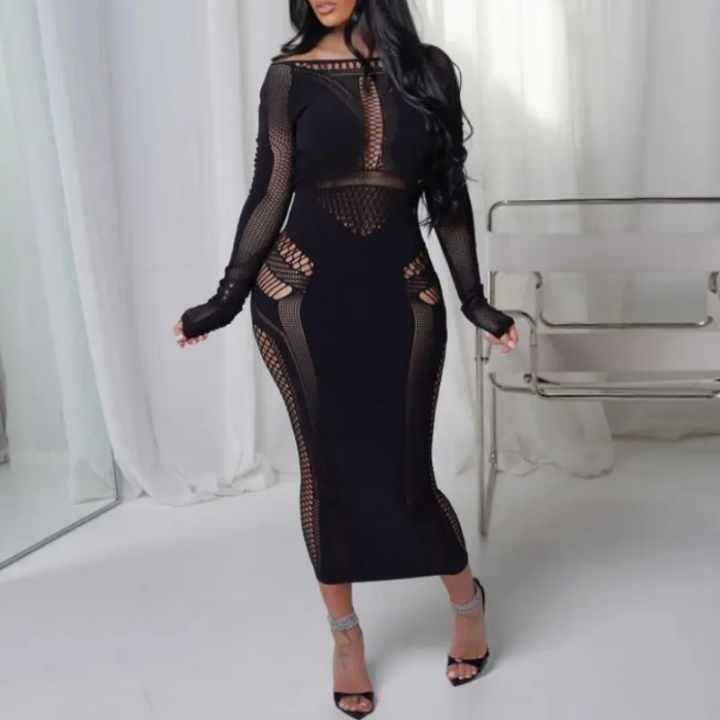 Women's Plain Hollow Out Black Dress Long Sleeve Bodycon Midi for Party Clubwear Formal Basic Minimalist Womenswear Boat Neck Design Fit Casual summerwins Everyday Style