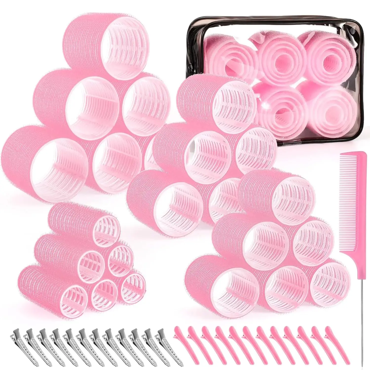 4 Sizes Self-Grip Hair Rollers Set for Long, Short Hair and Bangs - 50 Pcs with Clips (25mm, 36mm, 48mm, 60mm)