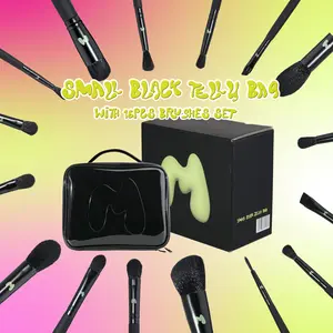 [Made by Mitchell] Small Black Jelly Makeup Bag with 16pcs Makeup Brushes Set – Travel Friendly & Portable All-in-One Makeup Tools