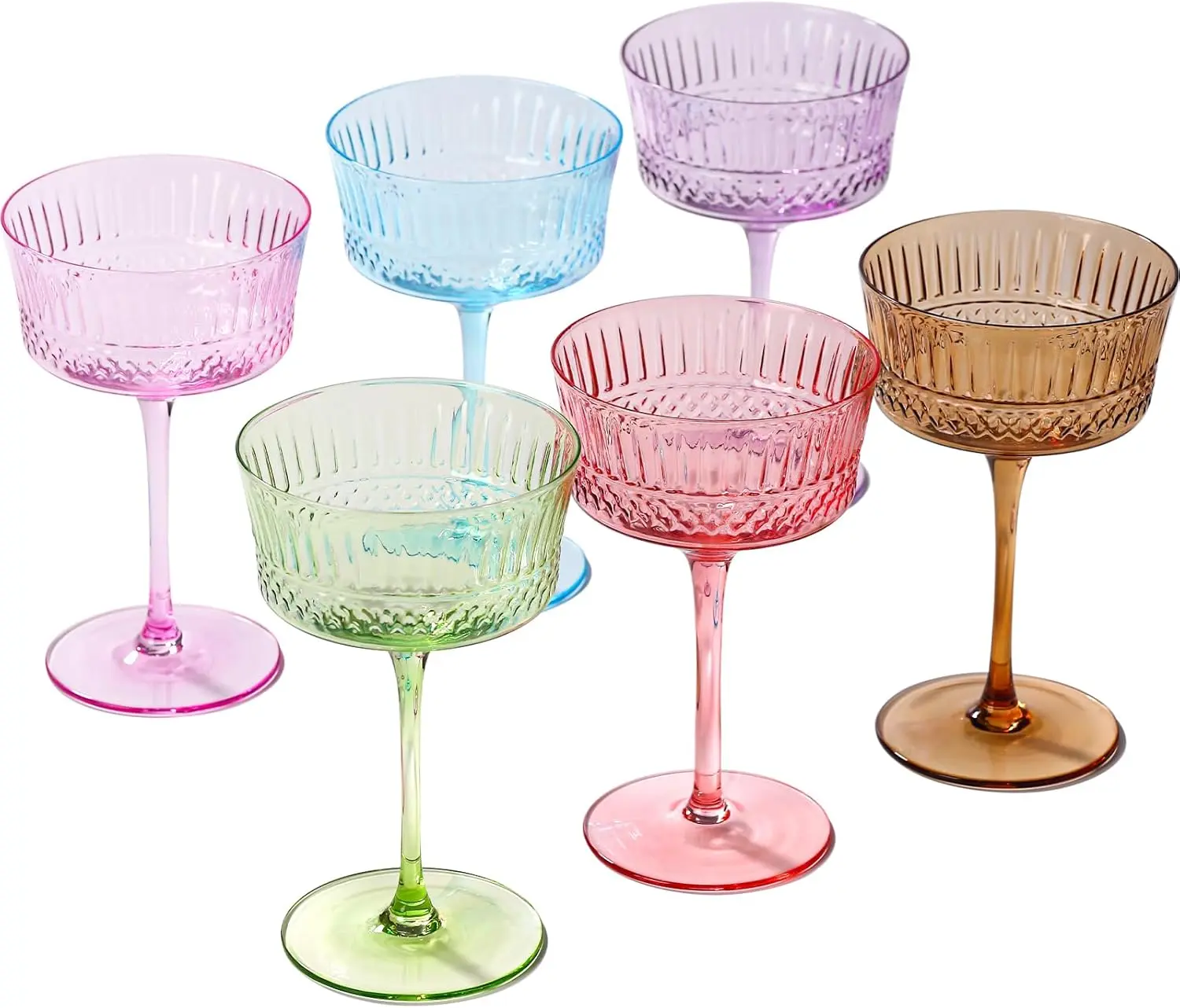 Physkoa Vintage Colored Coupe Glasses 9.3 oz , Set of 6-Crystal Martini Cocktail Glasses--Classic Colored Coupe Glasses-Long Stem Glassware Drinkware