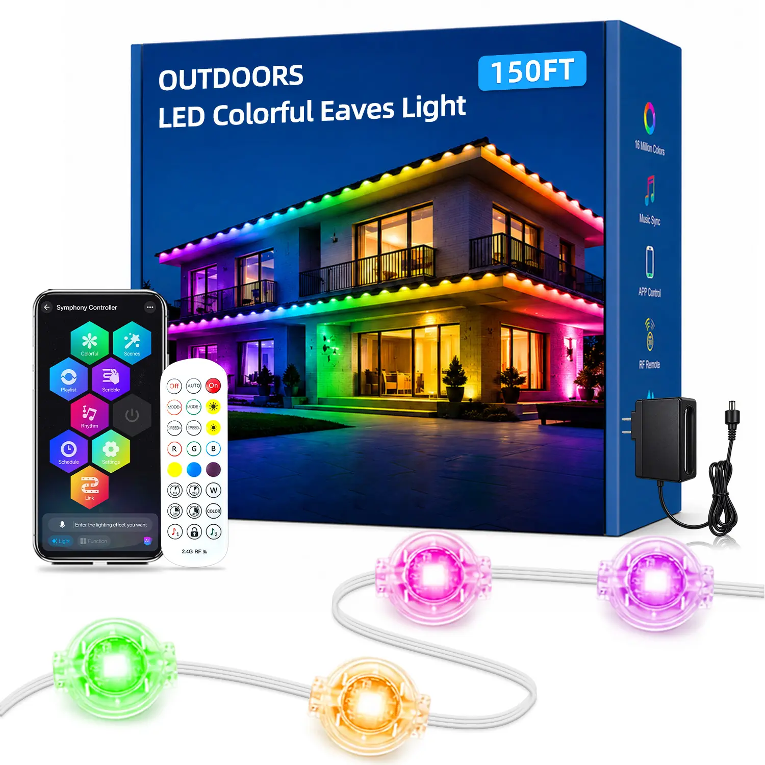 Permanent Outdoor Eave Lights, RGBIC Smart LED Roof Lights, APP & Voice Control, IP67 Waterproof DIY Color Changing Holiday Lights for House Eaves Patio Christmas Party