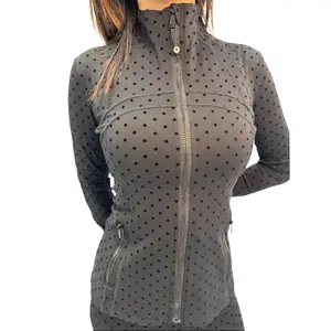 Workout Sets Women 2-Piece Yoga Outfits, All-Seasons 2026 Wave Point Series, Slim-Fit Stand Collar Quick-Dry Steel Print Polka Dot Black Jacket & 9-in Tight Bottom with Flocking Technology, Women 2 Piece Sets,summervibes
