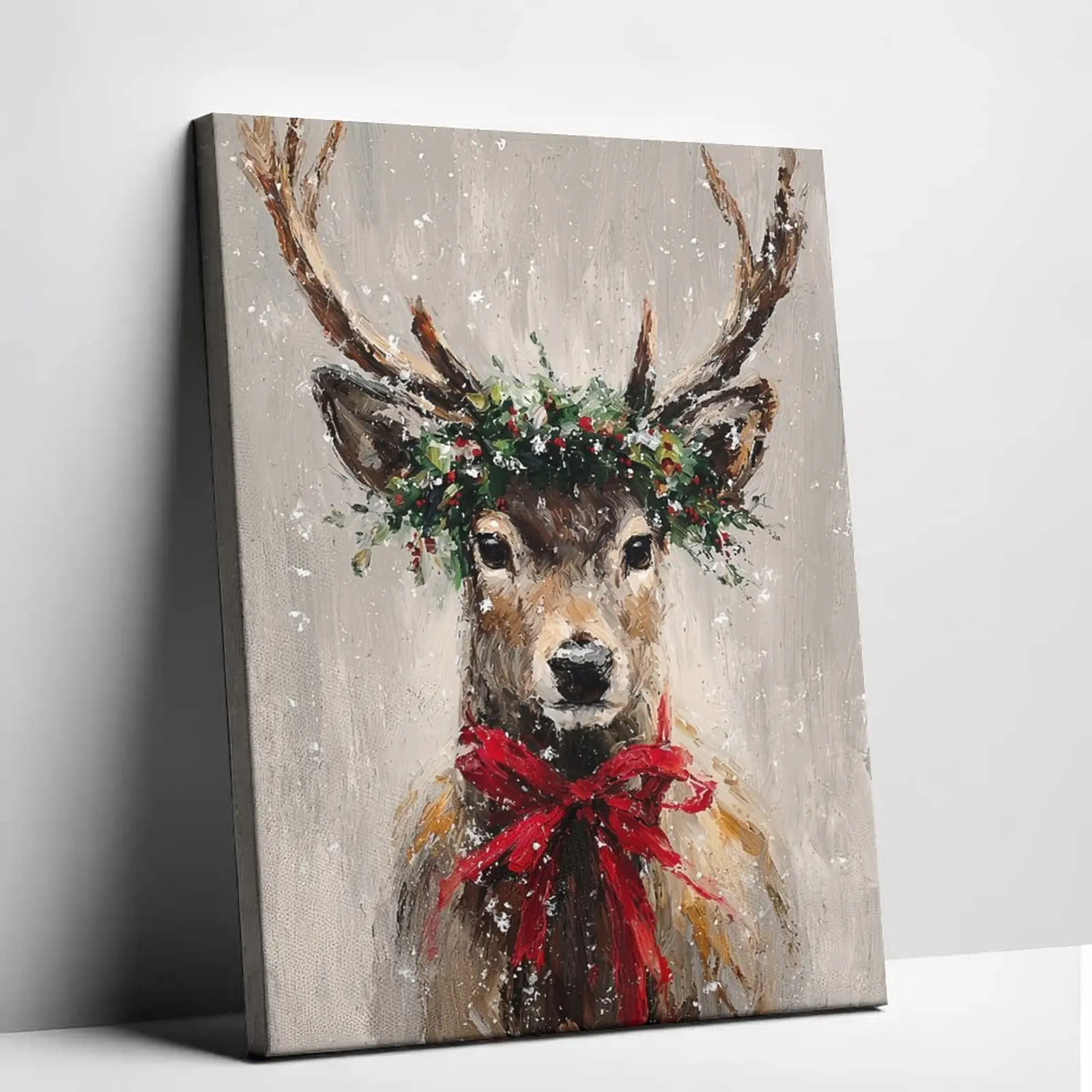 Impasto Style Winter Snow Deer Canvas Painting, Frameless Nature Rustic Cottagecore Holiday Wall Art, Festive Bedroom Decor Poster & Print