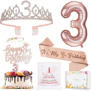 X-HDW20  3rd Birthday Decorations for Girls, Including 3 year old Birthday Cake Topper, Birthday Queen Sash with Pearl Pin, Sweet Rhinestone Tiara Crown, Number Candles and Balloons Set, Rose Gold