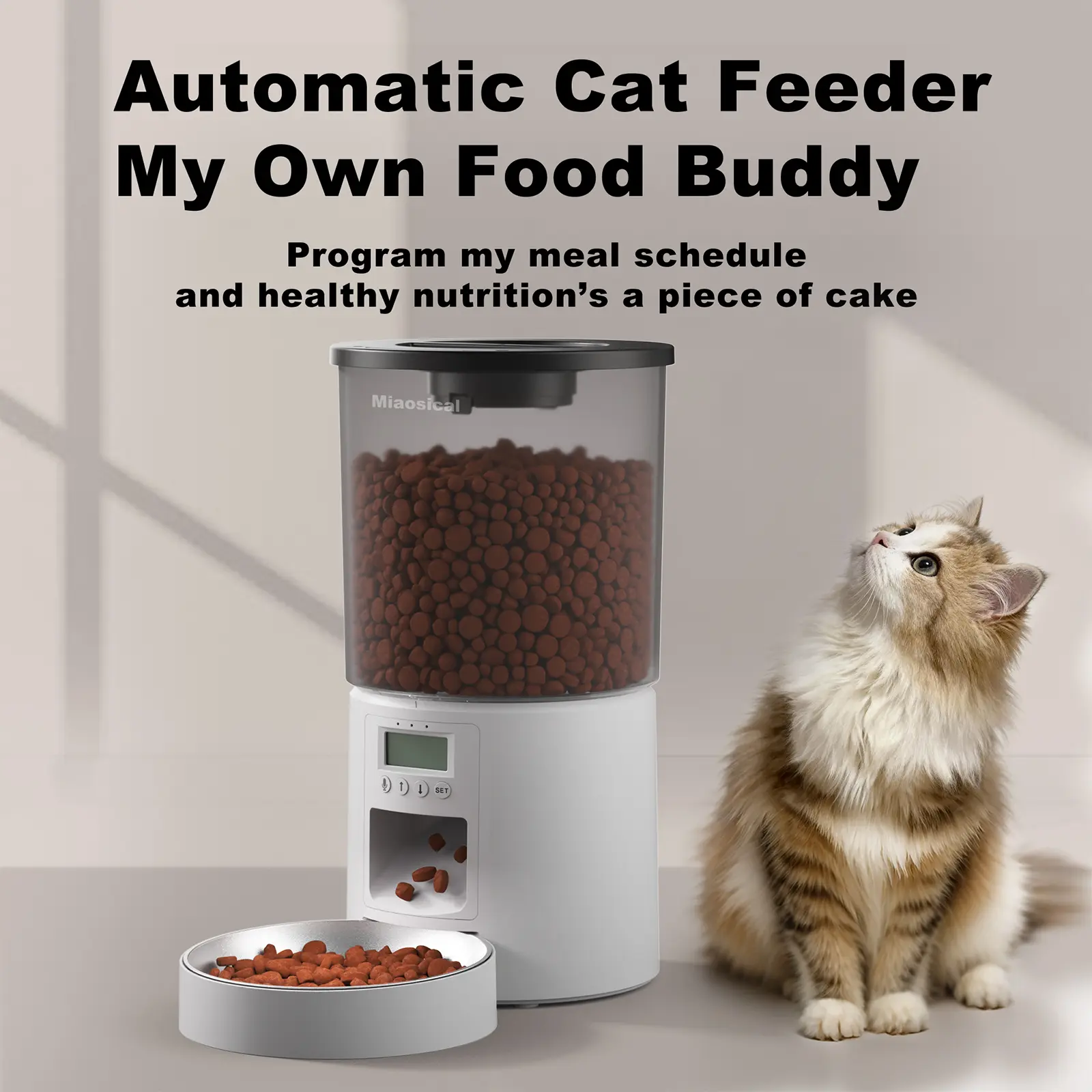 Miaoscal 4.2L Automatic Pet Feeder for 2 Pets Dual Bowls Portion Control Up to 6 Meals Daily Voice Recorder & Timer Ideal for Busy Owners