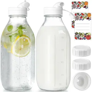 2 Pack 32 Oz Reusable Glass Milk Bottle with 3 Lids Airtight Heavy Duty Water Jug for Breast Milk Buttermilk Nut Juice Syrup Coffee Creamer