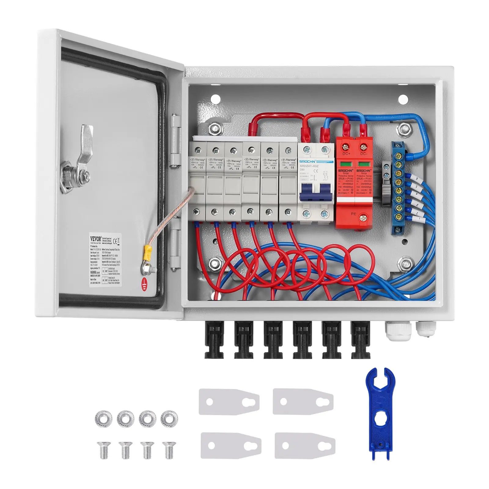 【Summerfinds】VEVOR PV Combiner Box, 6 String, Solar Combiner Box with 10A Rated Current Fuse 63A Circuit Breaker Lightning Arrester and Solar Connector, Steel Case for On / Off Grid Solar Panel System, IP65