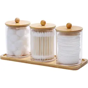 Tbestmax 10 Oz Cotton Swab/Ball/Pad Holder with Vanity Tray, Qtip Apothecary Jar, Clear Bathroom Containers Dispenser for Storage 3 Pack Wood Lids